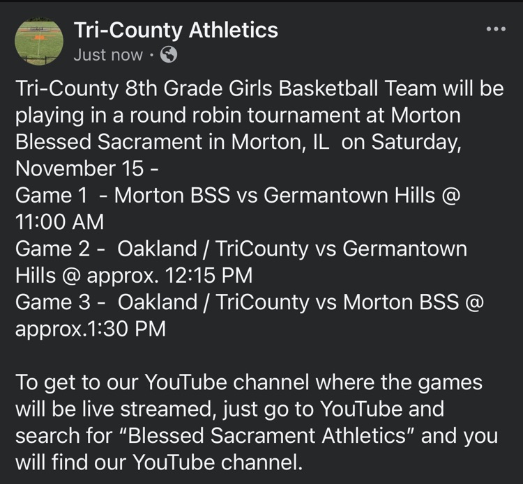 8th Grade Girls Basketball Team will be playing in a Round Robin Tournament on Saturday, November 15