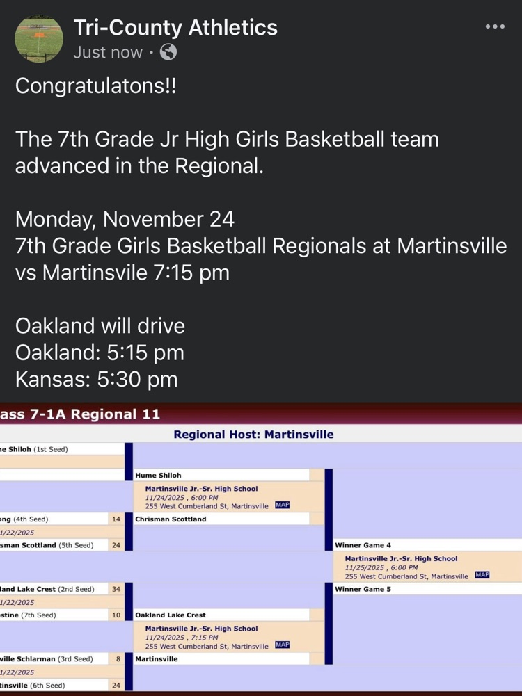 Tri-County 7th Grade Girls Basketball Team advanced in their Regional