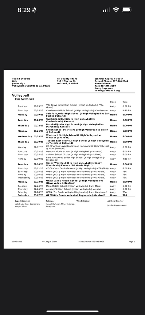2025-2026 Tri-County Jr High Volleyball Schedule