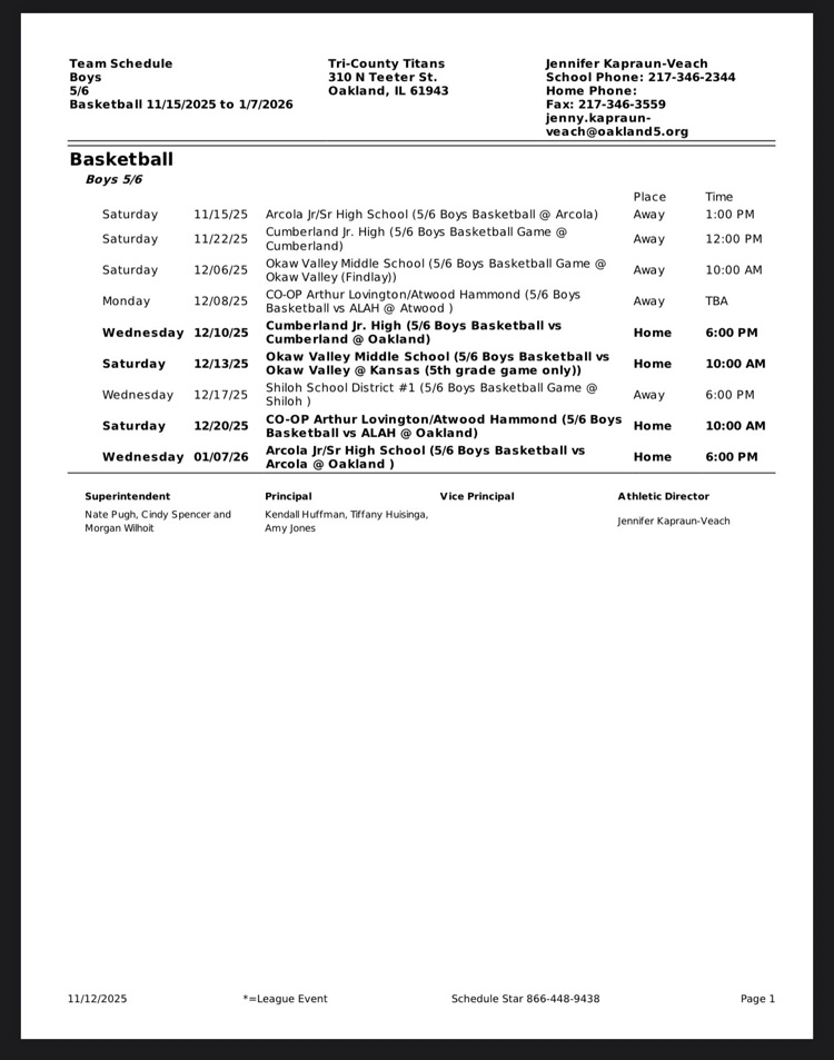 2025-2026 Tri-County 5/6 Boys Basketball Schedule