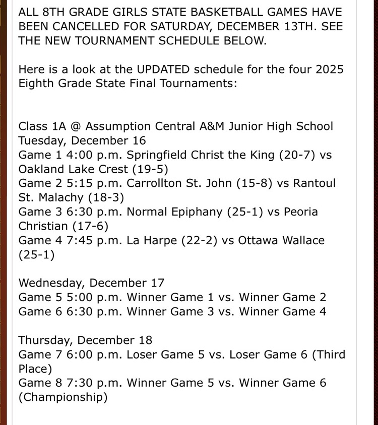 8th Grade Girls Basketball State Tournament postponed