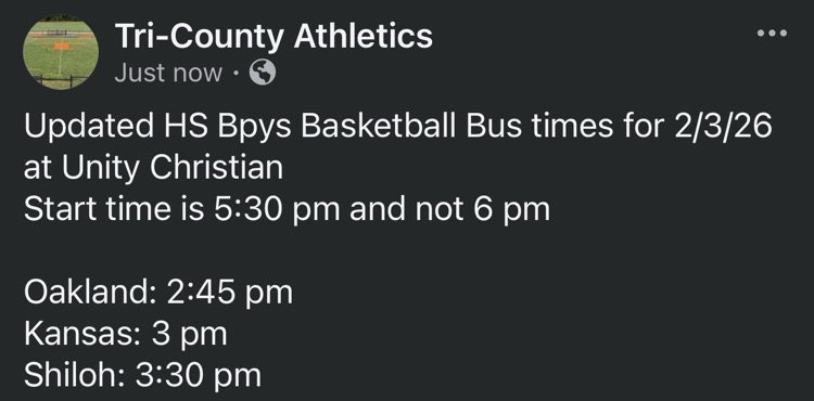 Updated HS Boys Basketball Bus Times and JV start time for 2/3/26 (tonight)