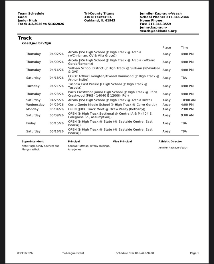 2025-2026 Jr High Track Schedule