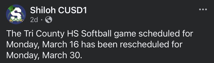 HS Softball Game rescheduled