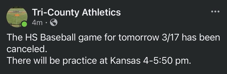 HS Baseball game canceled for 3/17