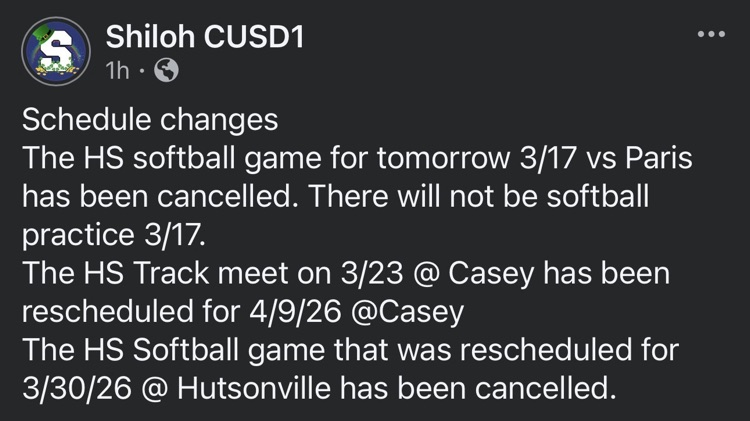 Game and practice changes for HS Softball and HS Track