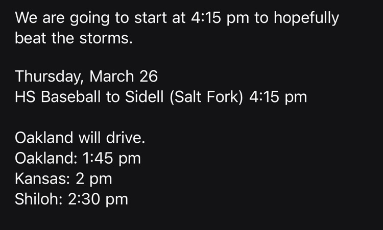 HS Baseball Game Time and Bus Times Update for March 26