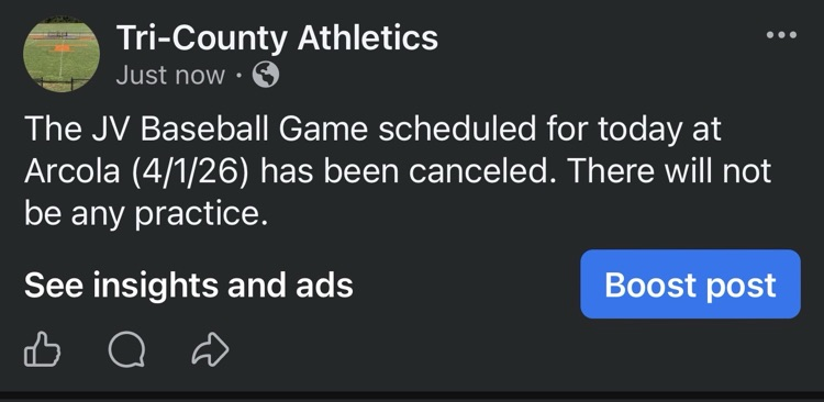 JV Baseball Game at Arcola has been canceled for today. 