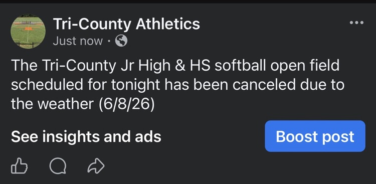 Jr High & HS Softball Open Field canceled for tonight (6/8/26)