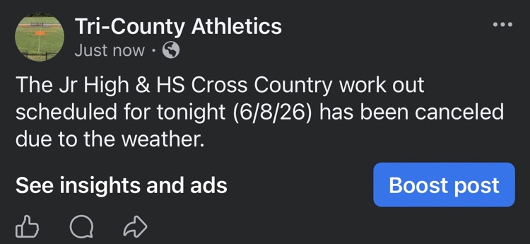 Jr High & HS Cross Country Workout has been canceled for tonight (6/8/26)