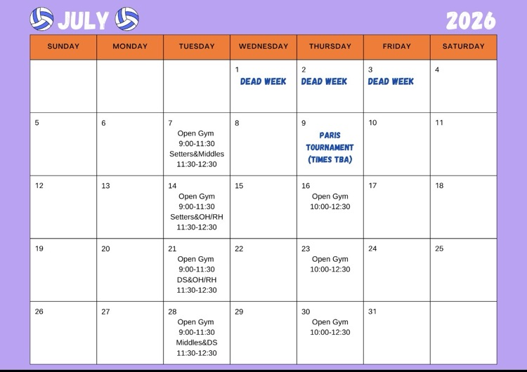 HS Volleyball July Open Gym Schedule