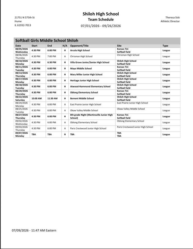 2026-2027 Tri-County Jr High Softball Schedule 