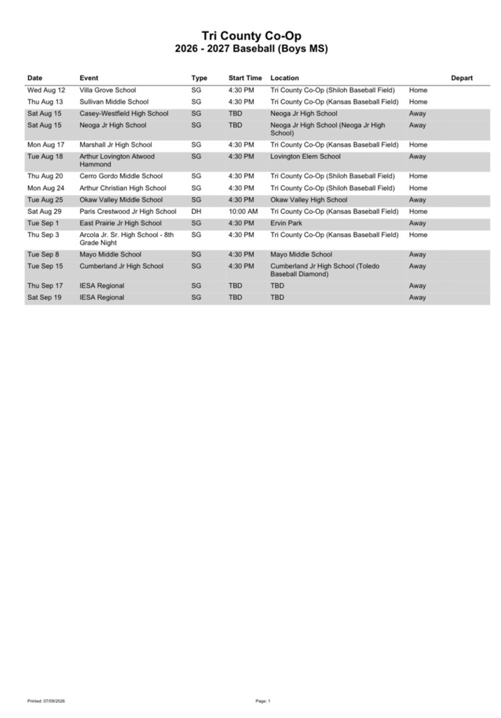 2026-2027 Tri-County Jr High Baseball Schedule 