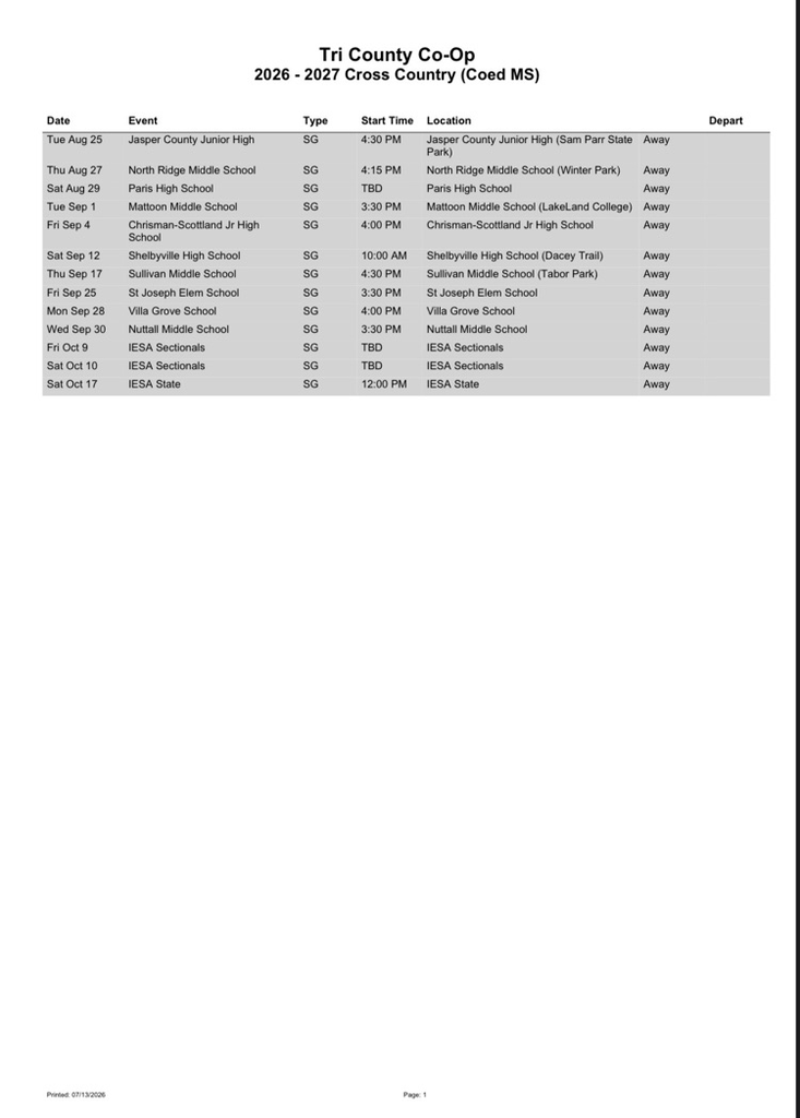 2026-2027 Tri-County Jr High Cross Country Schedule 