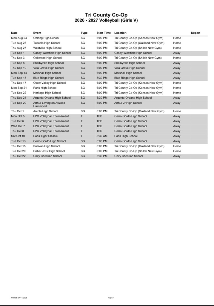 2026-2027 Tri-County HS Volleyball Schedule