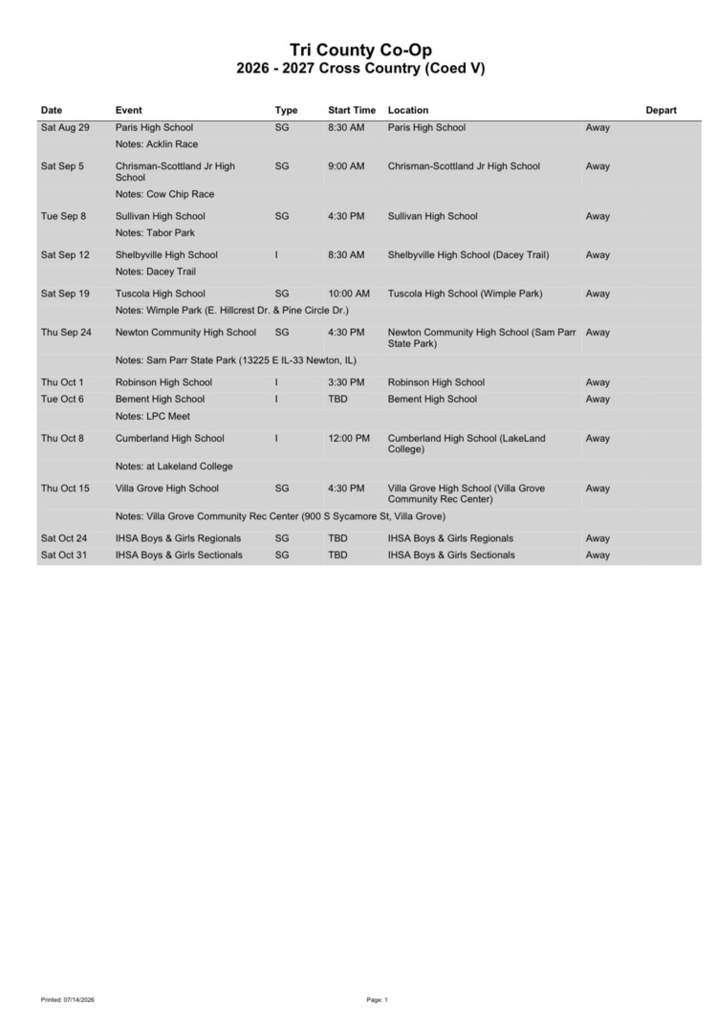 2026-2027 Tri-County HS Cross Country Schedule