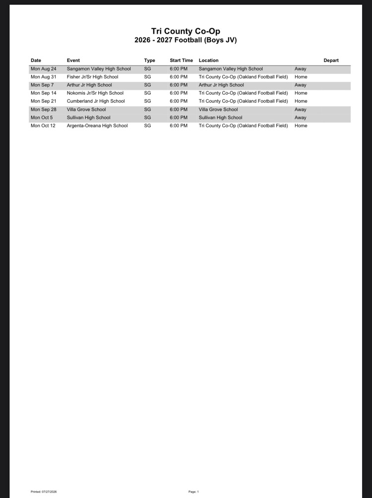 26-27 Tri-County JV & Varsity Football Schedules 