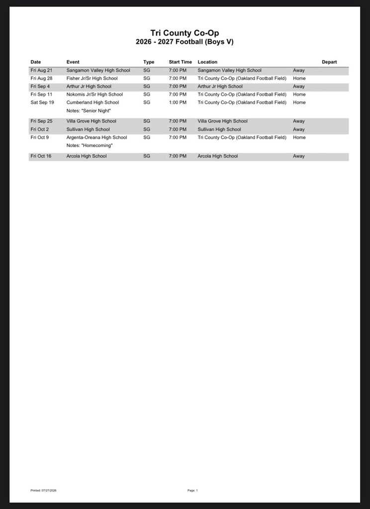 26-27 Tri-County JV & Varsity Football Schedules 