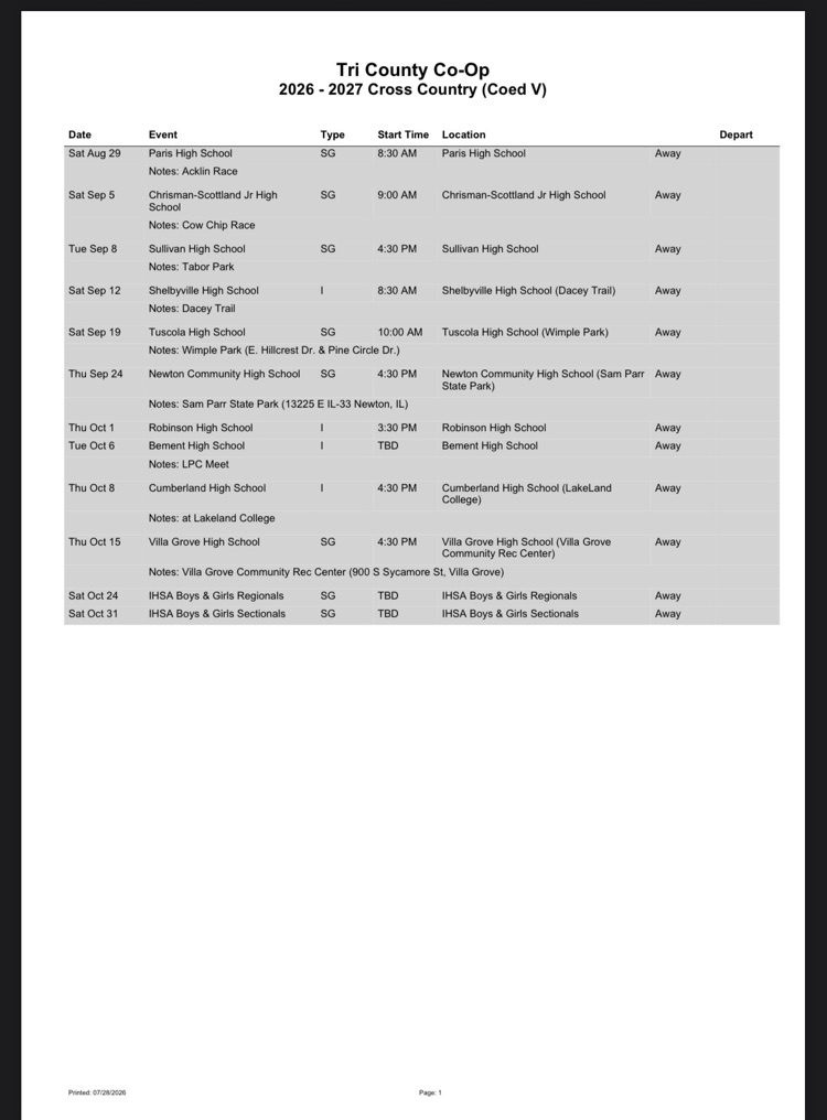 2026-2027 Tri-County HS Cross Country Schedule