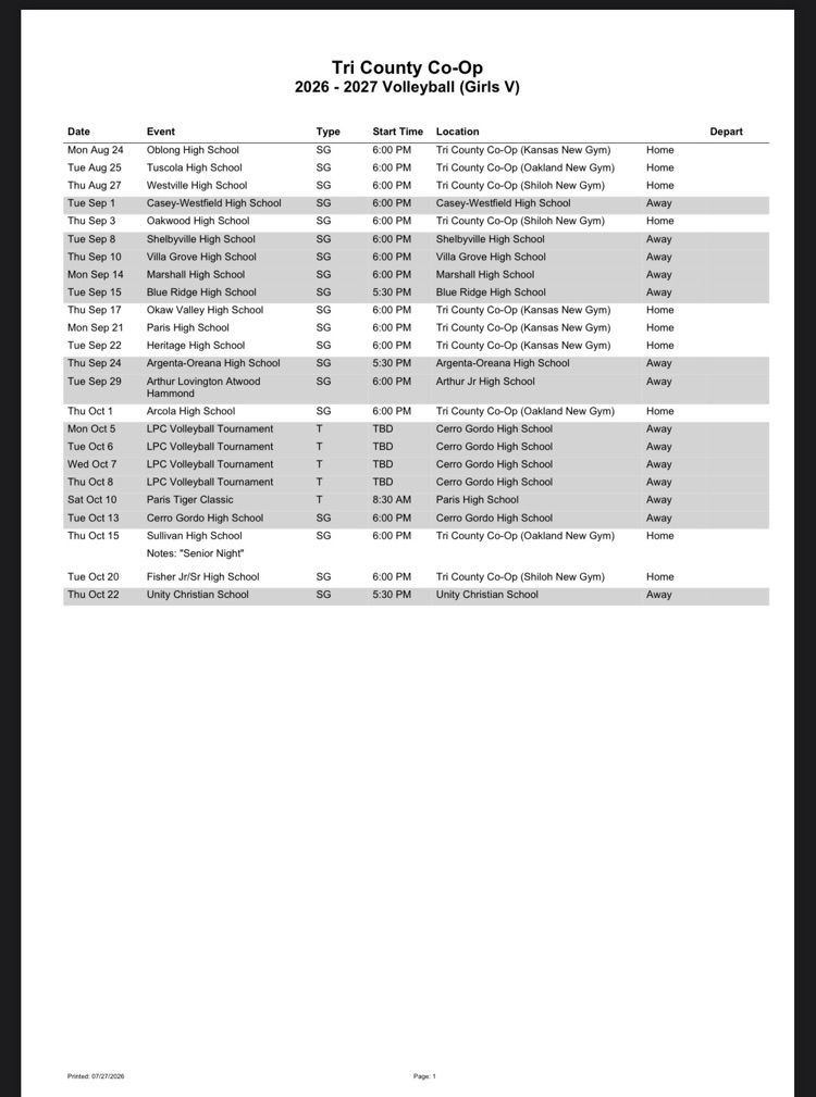 2026-2027 Tri-County HS Volleyball Schedule