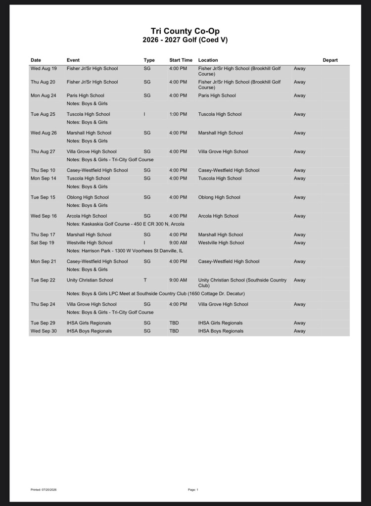 2026-2027 Tri-County Golf Schedule