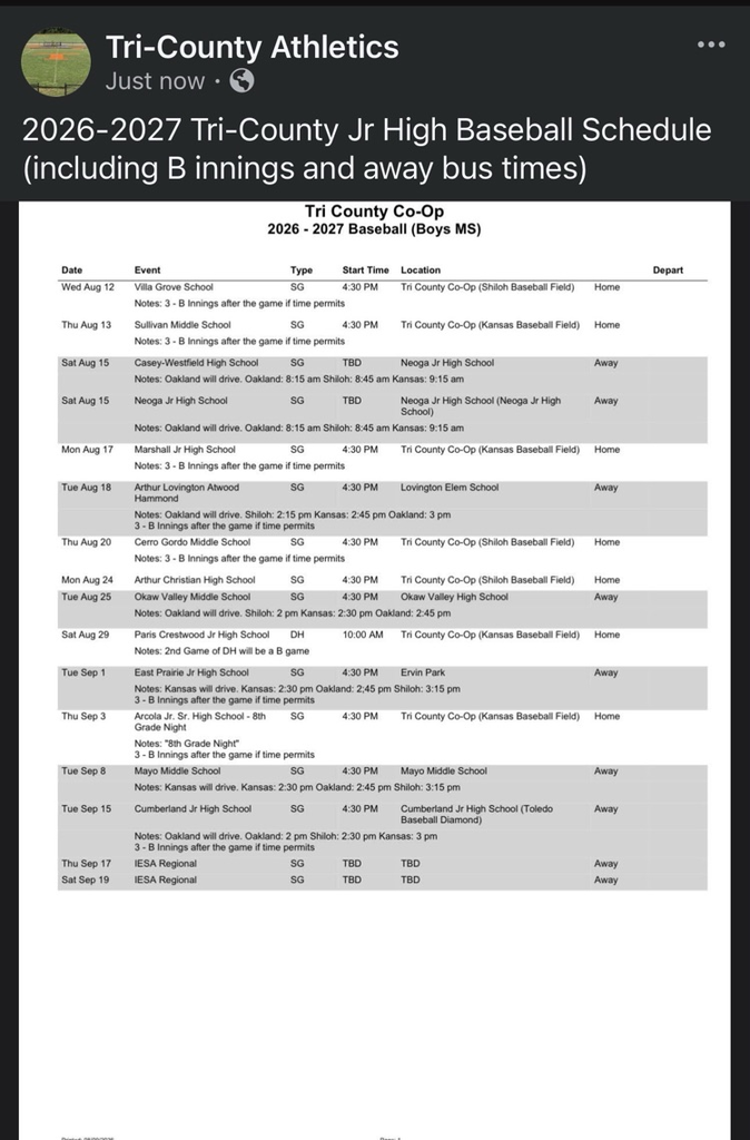 2026-2027 Tri-County Jr High Baseball Schedule