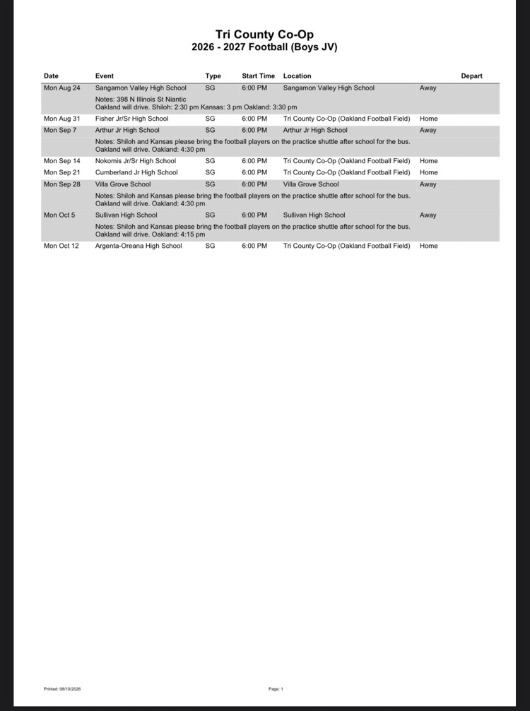 JV football Schedule