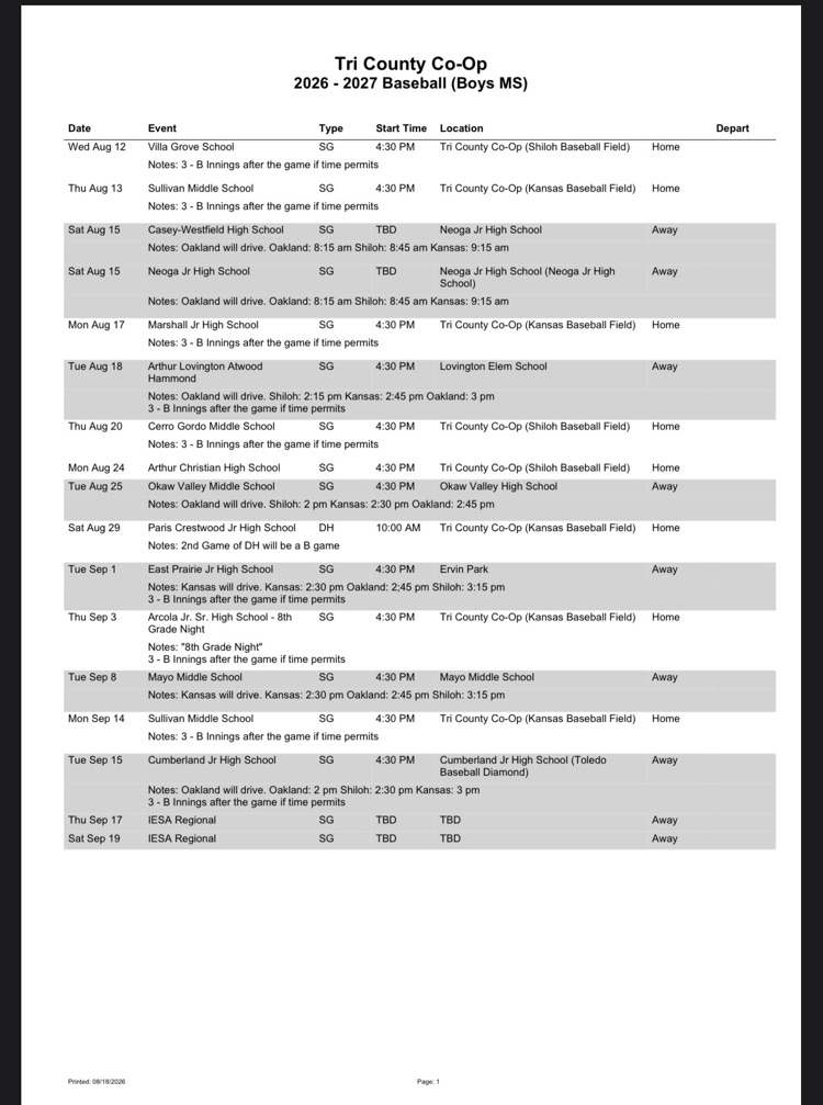 REVISED Jr High Baseball Schedule - Sullivan game was rescheduled for 9/14/26