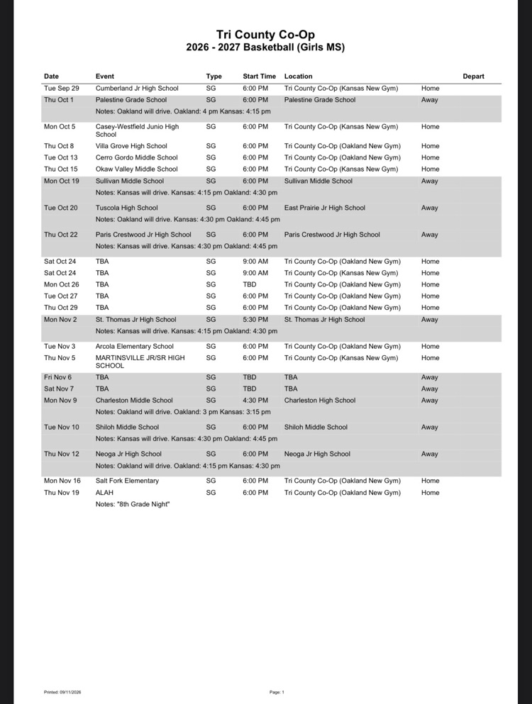 26-27 Tri-County Jr High Girls Basketball Schedule