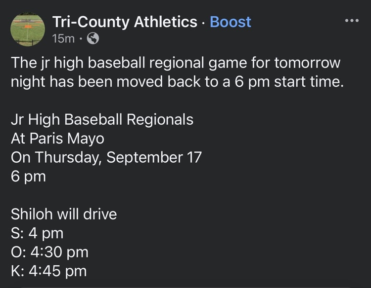 Jr high baseball regional time change 