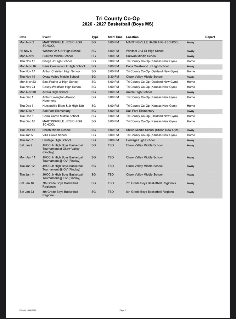 2026-2027 Tri-County Jr High Boys Basketball Schedule
