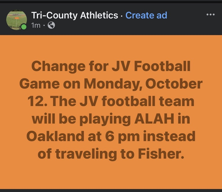 JV Football Game Change 10/12