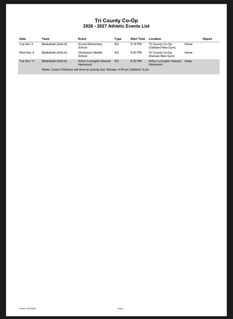 Tri-County 5/6 Girls Basketball Schedule