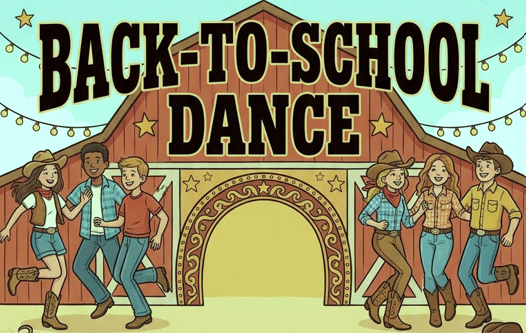 A picture of students in western attire dancing in front of a barn.