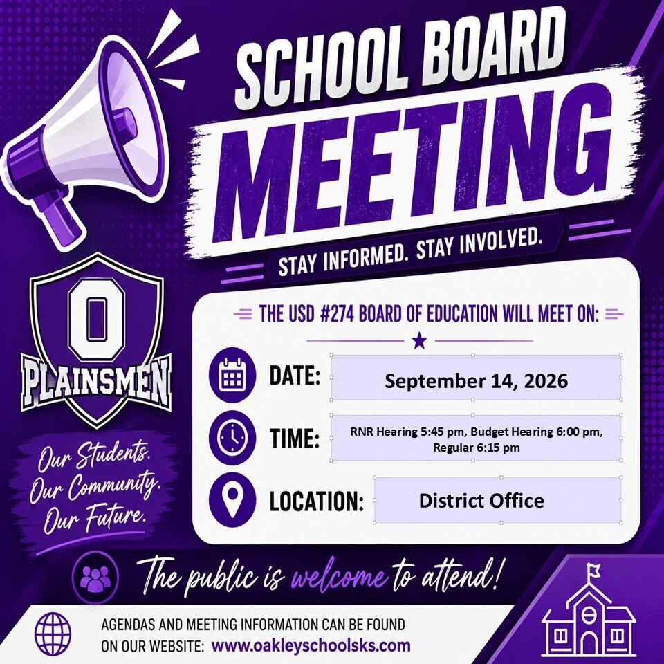 School Board Meeting September 14, 2026 starting at 5:45 p.m.