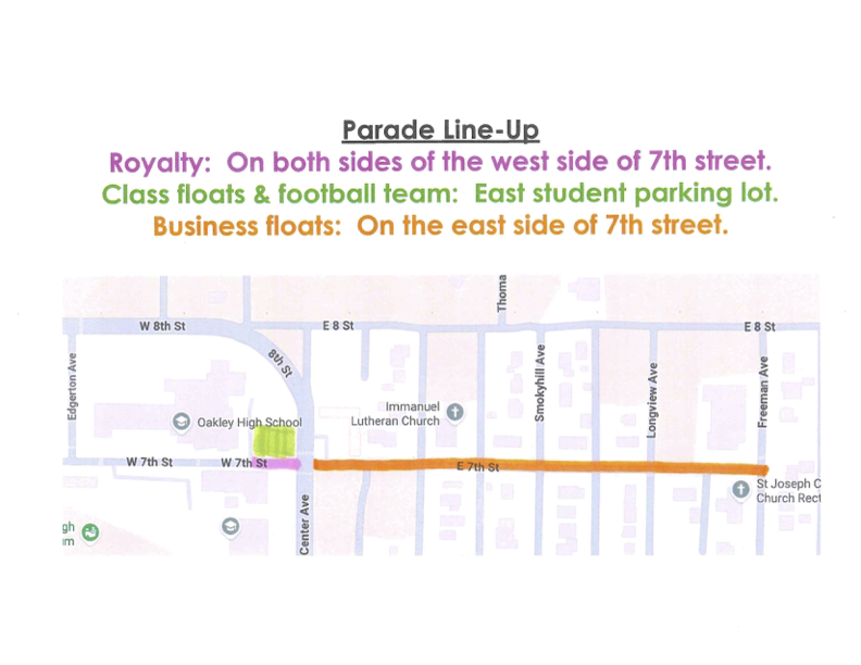 Attention Activity Groups and Community Businesses: The 2026 Homecoming Parade line up will look different this year! On Friday, September 25th, all students and staff that park in the EAST parking lot will have to park in the new parking lot across from the middle school. All staff that park in front of the middle school will also have to park in the new parking lot across from the middle school. We will have all Royalty, Candidate, and Honoree cars line up on 7th street between the parking lot and cafeteria (pink area on the map). We will have all school sponsored floats line up in the EAST parking lot (green area on the map). We will have all community business parade entries lined up on 7th street headed WEST (orange area on the map). The parade route will be as normal down center street to the south! If you have any questions, please do not hesitate to reach out to Tori Goetz or Whitney Dennis.