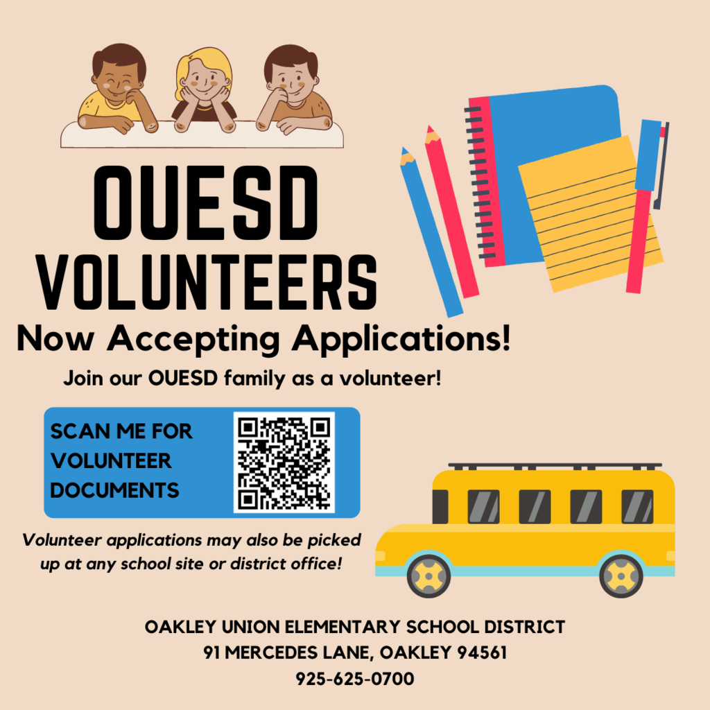 ouesd volunteers now accepting applications join our ouesd family as a volunteer scan me for volunteer documents volunteer applications may also be picked up at any school site or district office oakley union elementary school district 91 mercedes lane oakley 94561 925-625-0700