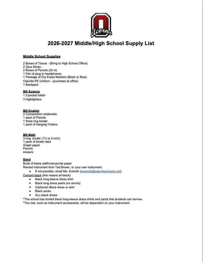 Ms/HS Supply List
