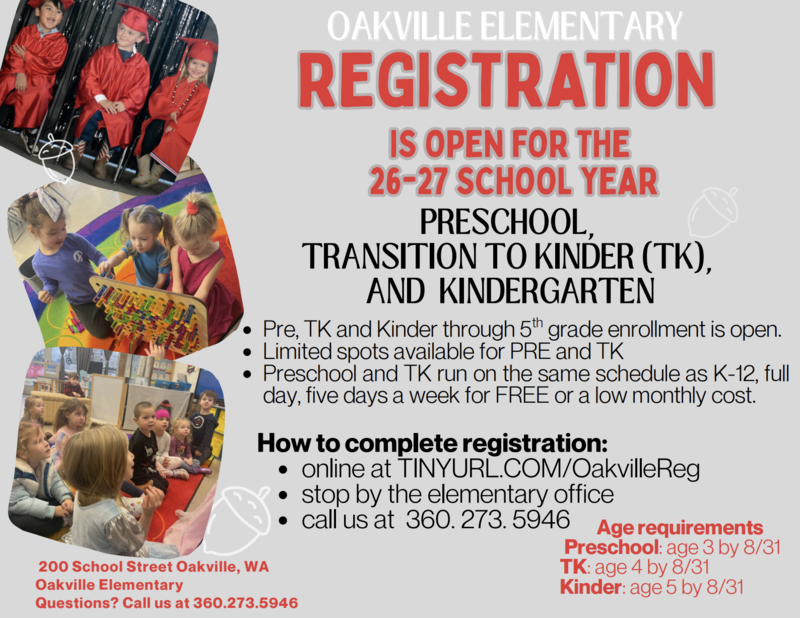 Oakville Elementary Registration is OPEN for Preschool, Transitional Kinder & Kindergarten!