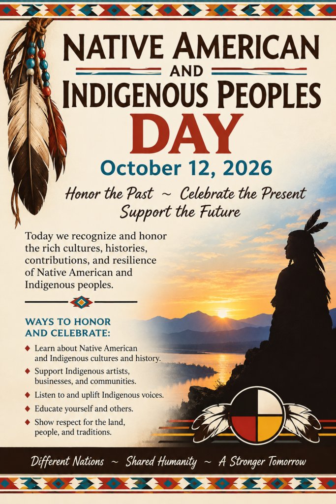 A colorful poster recognizing Native American and Indigenous Peoples Day on October 12, 2026. The design features traditional-inspired geometric patterns, feathers, a four-color medicine wheel, and the silhouette of an Indigenous person overlooking a sunset. The message reads, “Honor the Past, Celebrate the Present, Support the Future.” The poster honors Native American and Indigenous cultures, histories, contributions, and resilience while encouraging learning, respect, and support for Indigenous communities.
