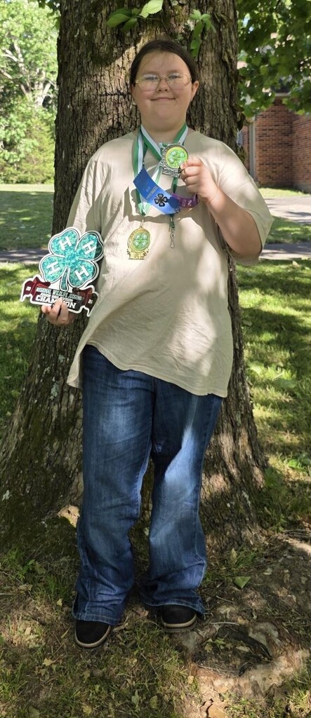 Amber Lawrence showing off her awards.