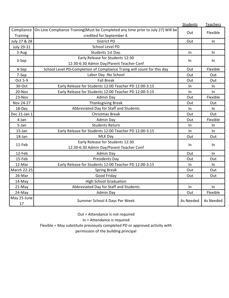 Photo of the 26-27 OCS Calendar Breakdown.