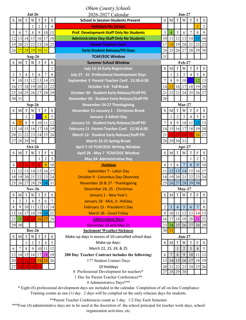Photo of the 26-27 OCS Calendar.