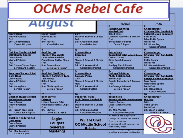 Daily Breakfast and Lunch Options for August
