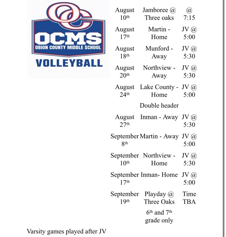 OCMS Volleyball Schedule