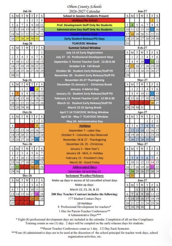 OCMS School Calendar 2026-2027