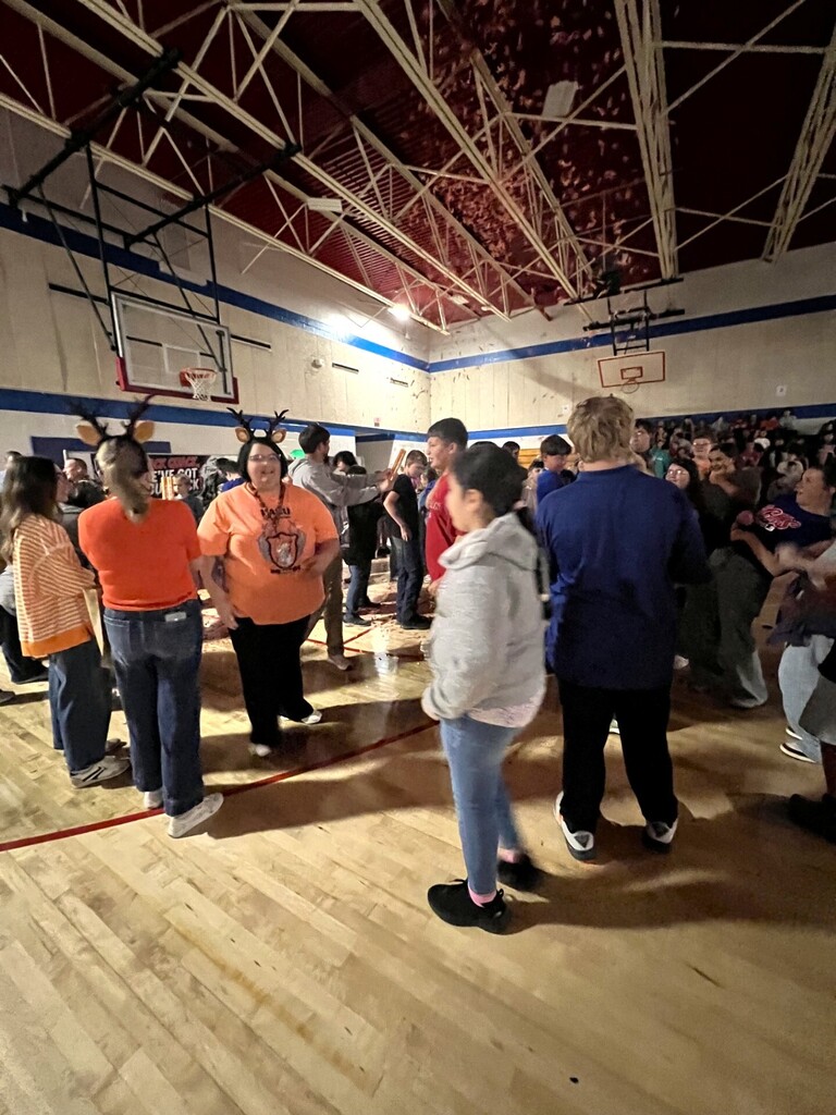 Photo of students and staff participating in house reveal pep rally.