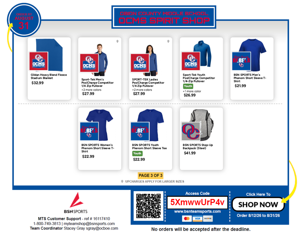 The attached images advertise the Obion County Middle School OCMS Spirit Shop through BSN Sports. The shop features red, blue, gray, and black OCMS and Rebels apparel and spirit items in youth and adult sizes, including T-shirts, long-sleeve shirts, sweatshirts, hoodies, pullovers, a hat, blanket, and backpack. Prices vary by item, and some larger sizes have an additional charge. Orders must be placed by August 31, 2026. The flyer includes a QR code and access code 5XmwwUrP4v for the online shop.