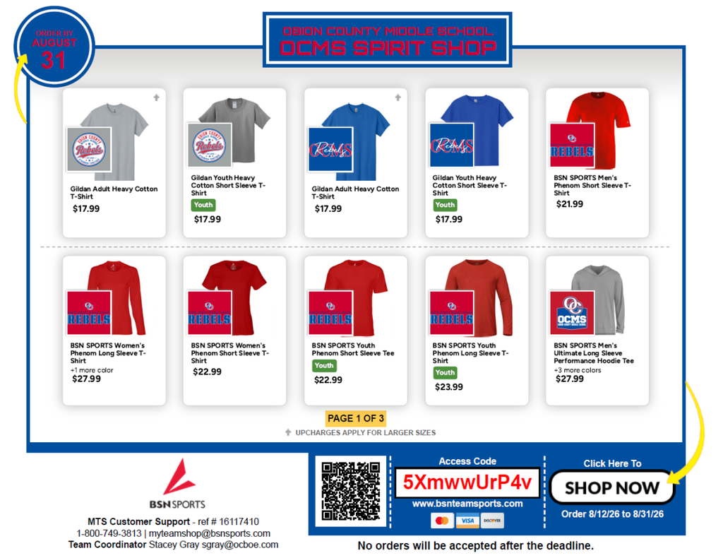The attached images advertise the Obion County Middle School OCMS Spirit Shop through BSN Sports. The shop features red, blue, gray, and black OCMS and Rebels apparel and spirit items in youth and adult sizes, including T-shirts, long-sleeve shirts, sweatshirts, hoodies, pullovers, a hat, blanket, and backpack. Prices vary by item, and some larger sizes have an additional charge. Orders must be placed by August 31, 2026. The flyer includes a QR code and access code 5XmwwUrP4v for the online shop.