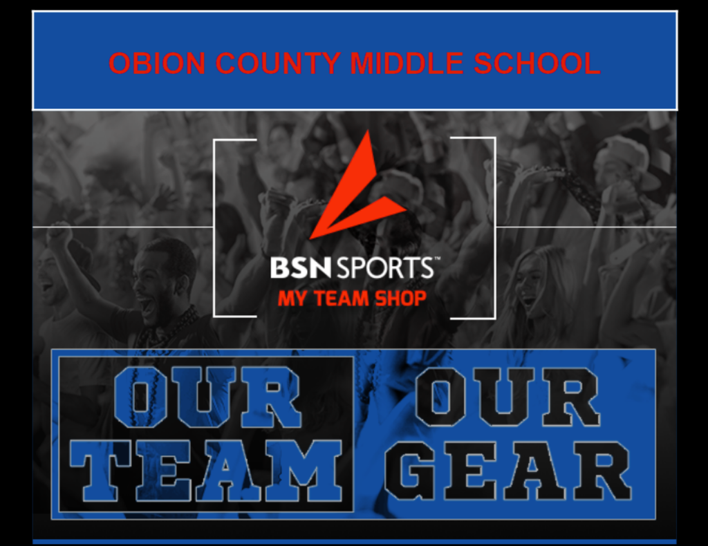 The attached images advertise the Obion County Middle School OCMS Spirit Shop through BSN Sports. The shop features red, blue, gray, and black OCMS and Rebels apparel and spirit items in youth and adult sizes, including T-shirts, long-sleeve shirts, sweatshirts, hoodies, pullovers, a hat, blanket, and backpack. Prices vary by item, and some larger sizes have an additional charge. Orders must be placed by August 31, 2026. The flyer includes a QR code and access code 5XmwwUrP4v for the online shop.